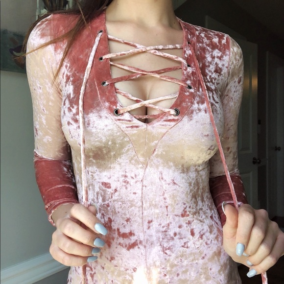 NWT Rose Gold Velvet Velour Lace Up Bodycon Dress - Picture 2 of 5